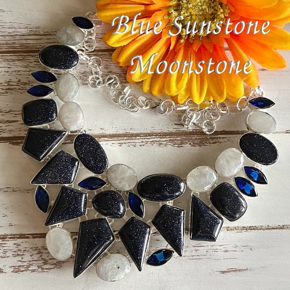 Blue Sunstone & Moonstone Necklace Handmade Gemstone Crystal 925 Silver Bohemian
